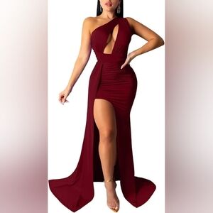LAGSHIAN Women's Sexy Elegant One Shoulder High Split Cutout Evening Dress